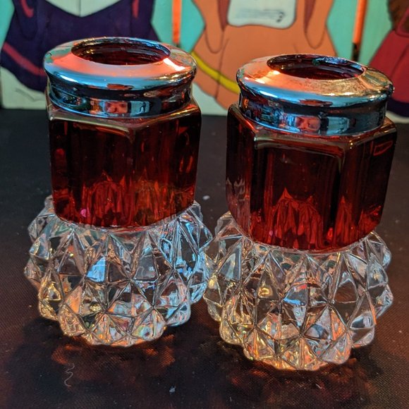 Beautiful Pair Indiana Glass Ruby Red And Crystal Diamond Point Candle Holders - Picture 6 of 11
